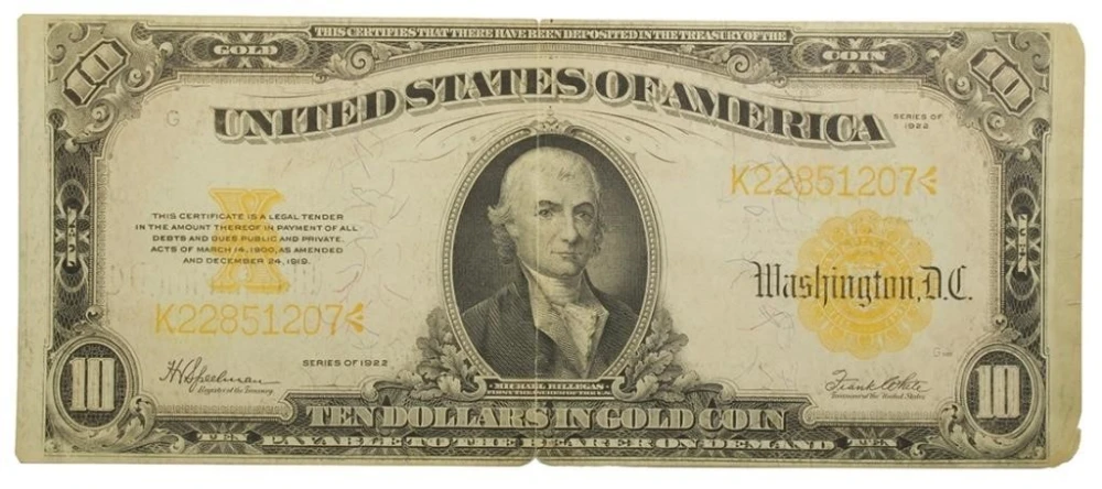 VF Series 1922 Gold $10 Note