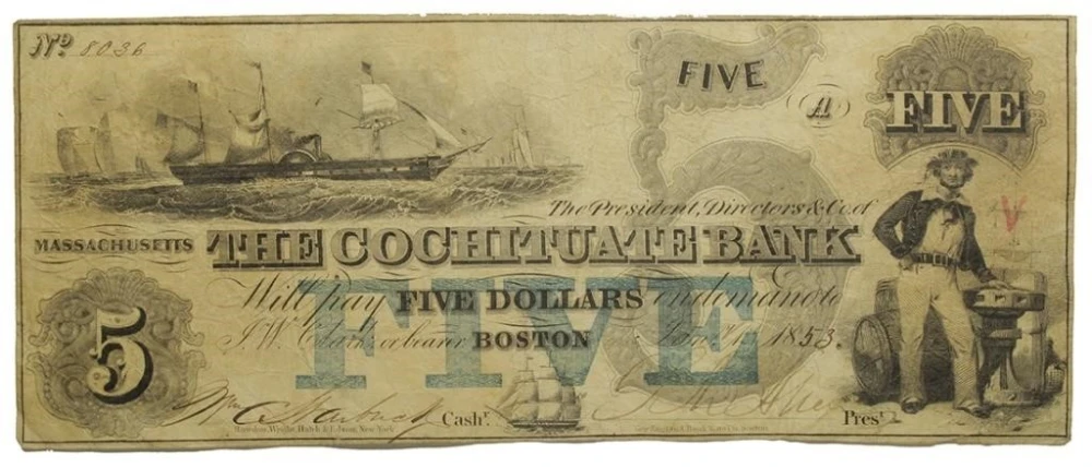 Massachusetts. Boston. Fine 1853 $5 Note