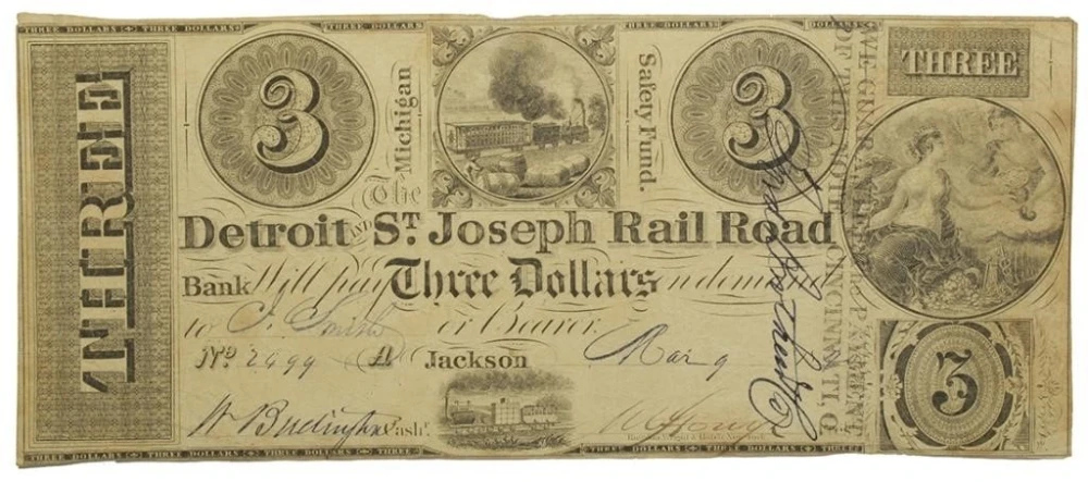 Michigan. Jackson. VF $3 Rail Road Note