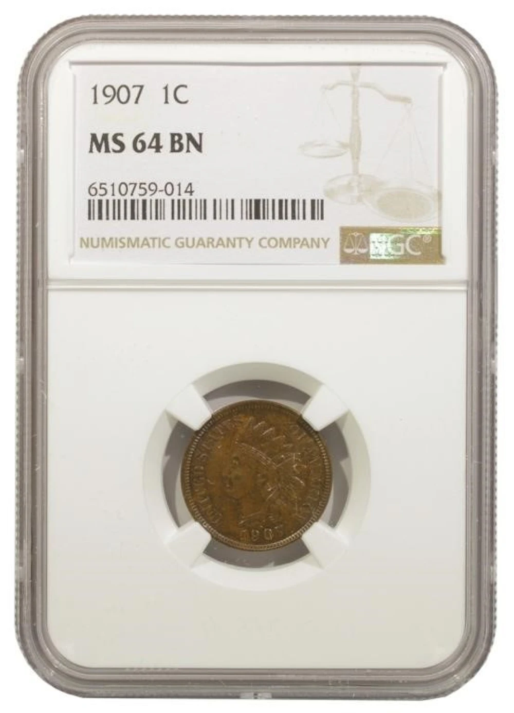 NGC MS-64 BN 1907 Indian Cent