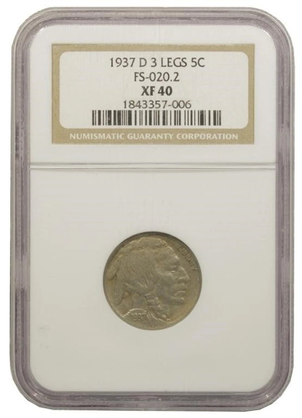 NGC EF-40 1937-D 3-Legged Nickel