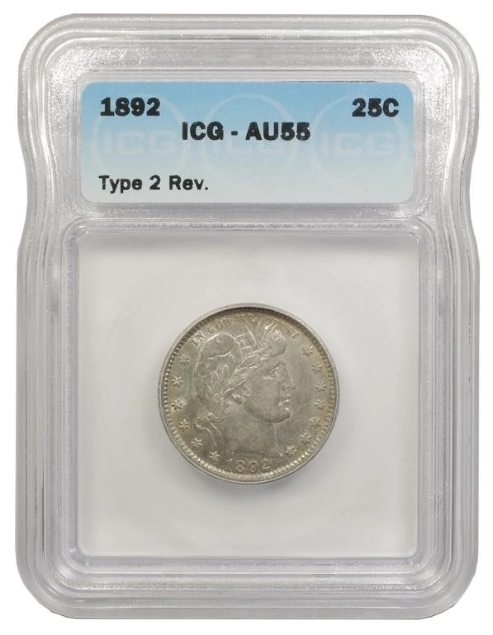 ICG AU-55 1892 Barber Quarter