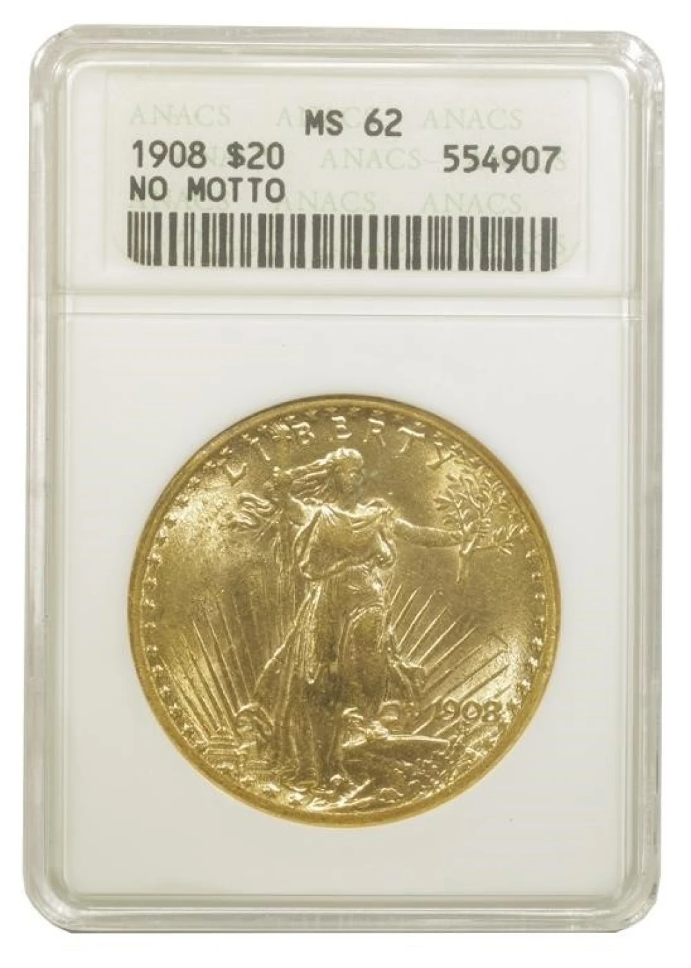 ANACS MS-62 1908 No Motto Gold $20