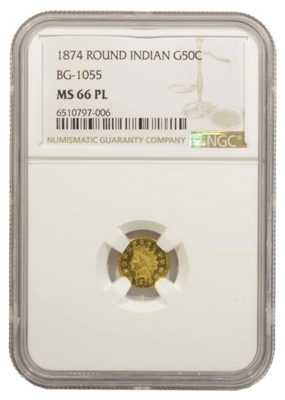 NGC MS-66 PL 1874 Cal Fractional Gold 50C