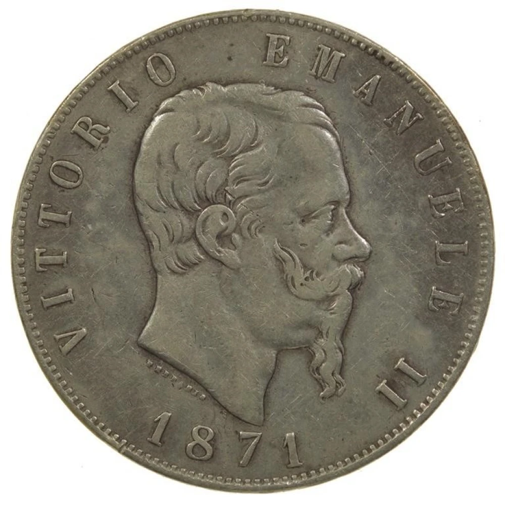 Italy. VF 1871-R Silver Five Lira