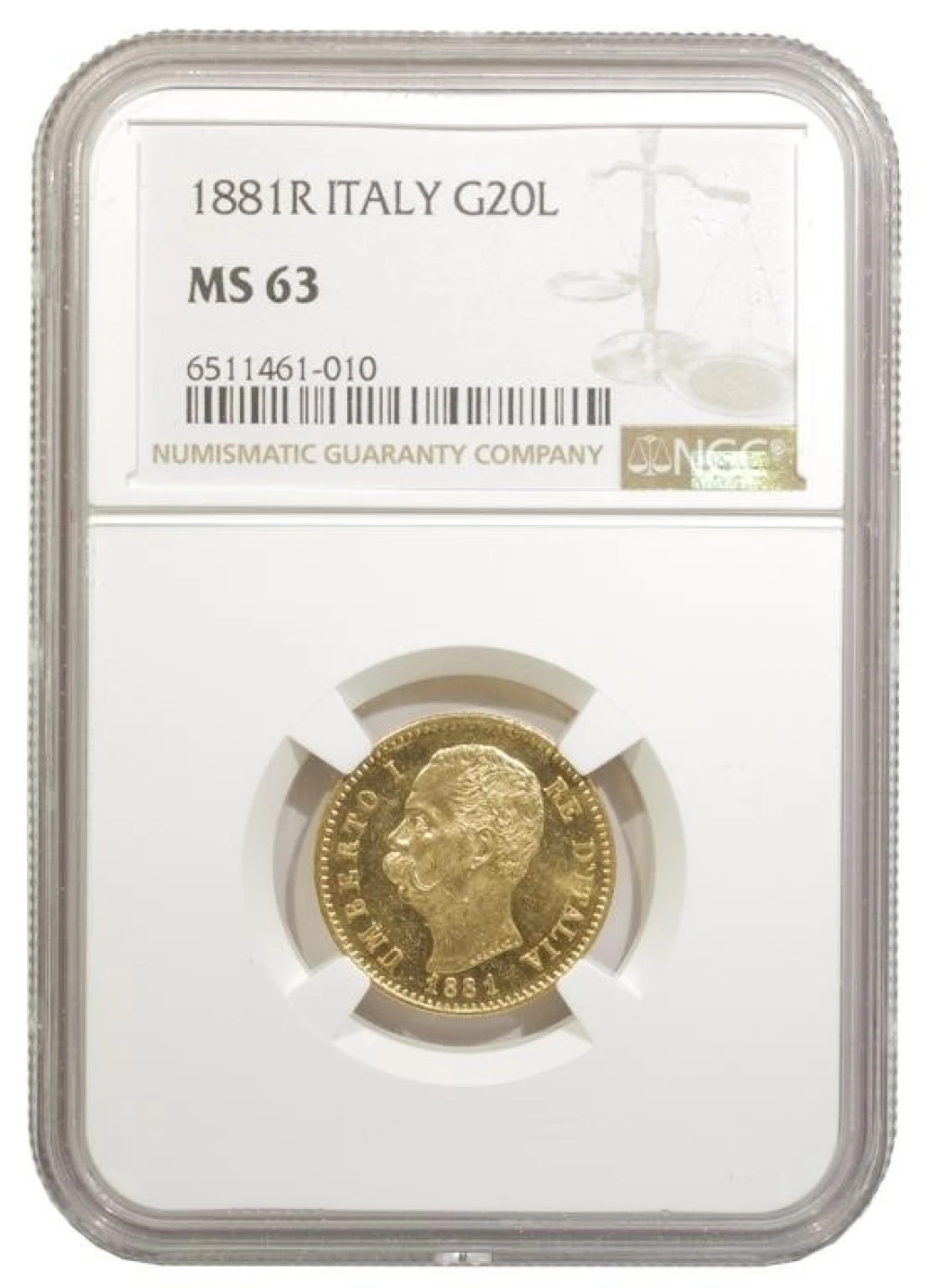 Italy. NGC MS-63 1881-R Gold 20 Lira