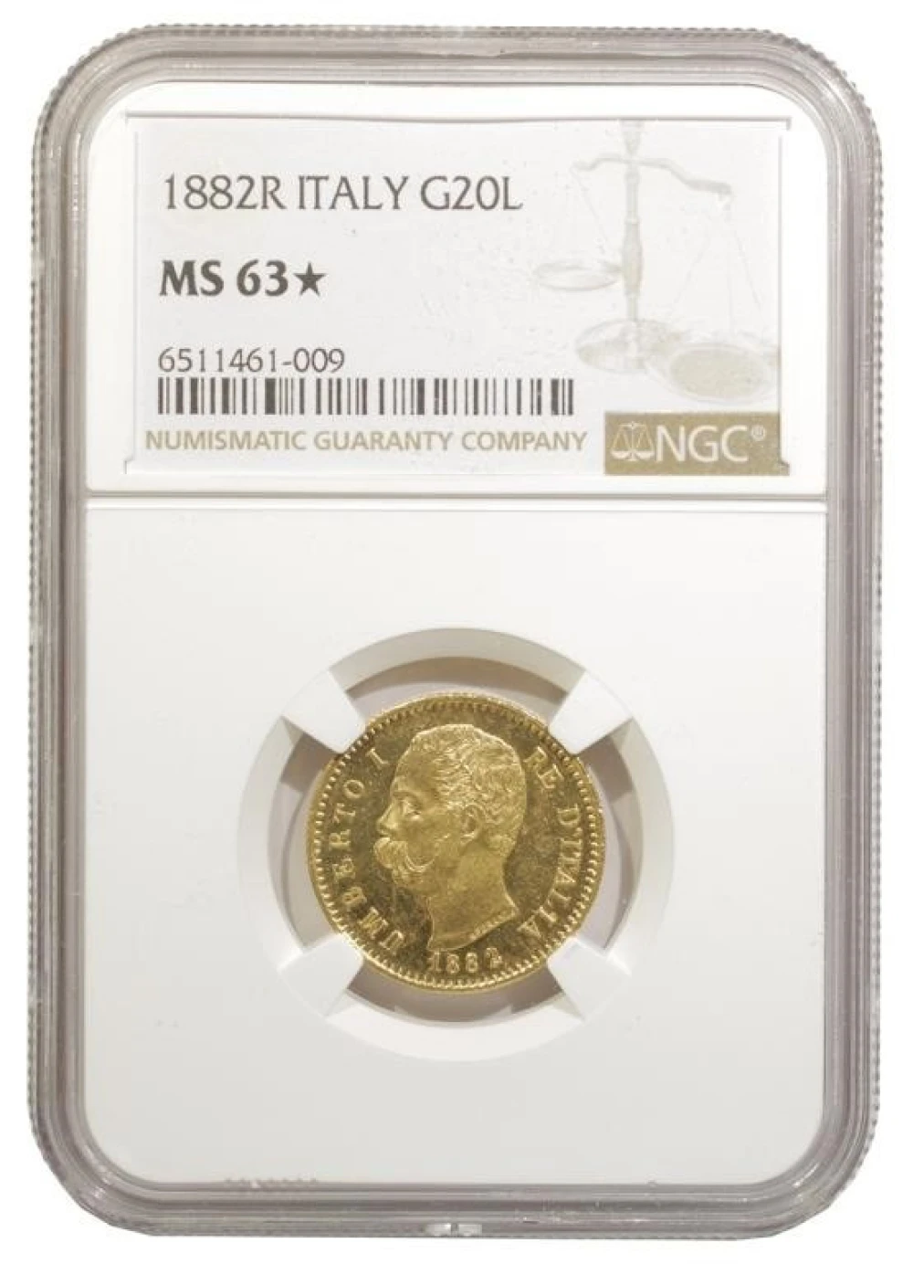Italy. NGC MS-63* 1882-R Gold 20 Lira