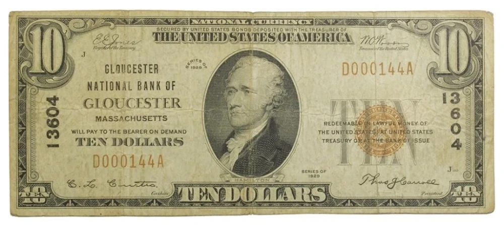 VF Gloucester MA 1929 $10 Note