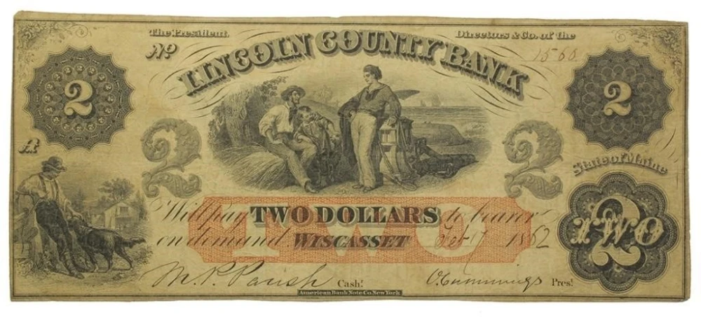 1862 Wiscasset Maine Fine $2 Note