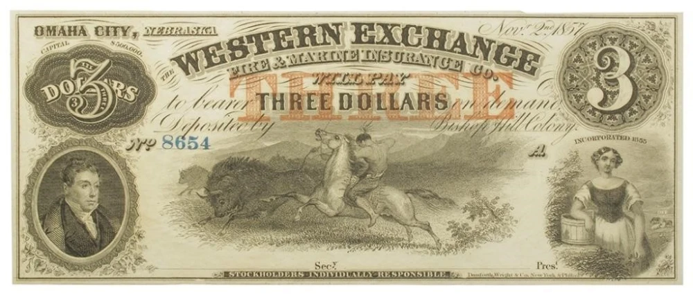 Nebraska. 1857 Crisp UNC $3 Note