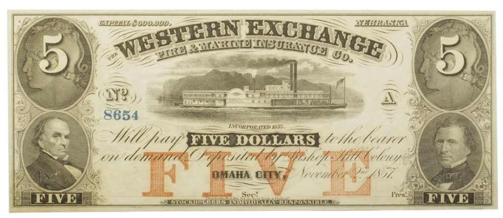 Nebraska. 1857 Crisp UNC $5 Note