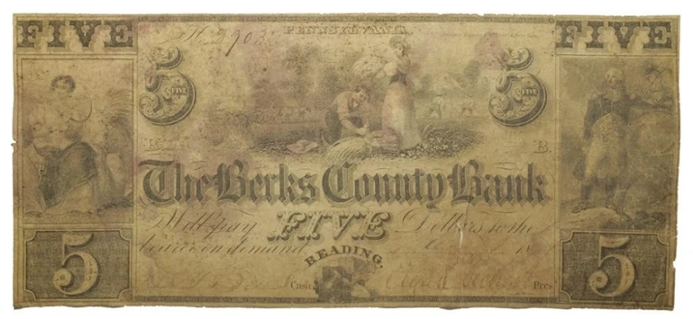 Pennsylvania. Reading. Fine 1841 $5 Note
