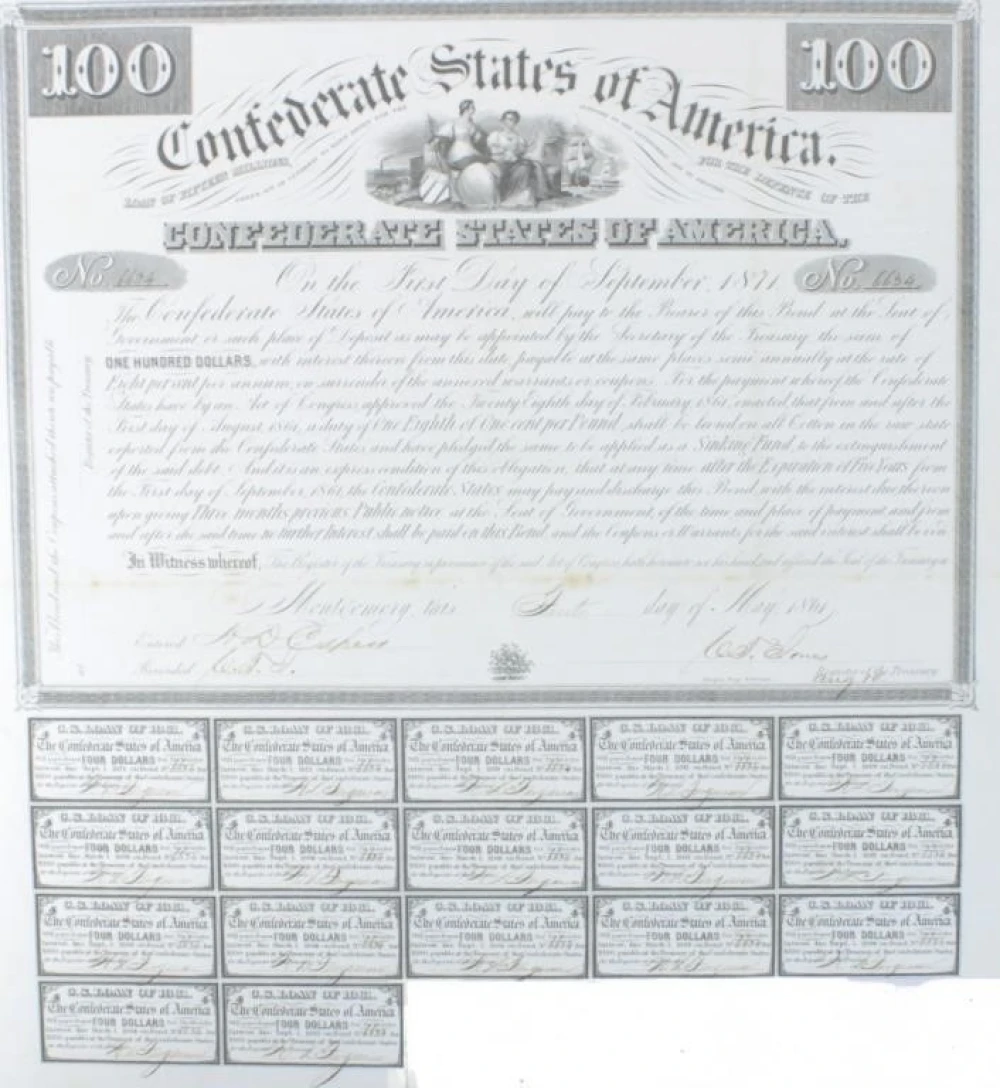 1861 $100 Confederate Bond