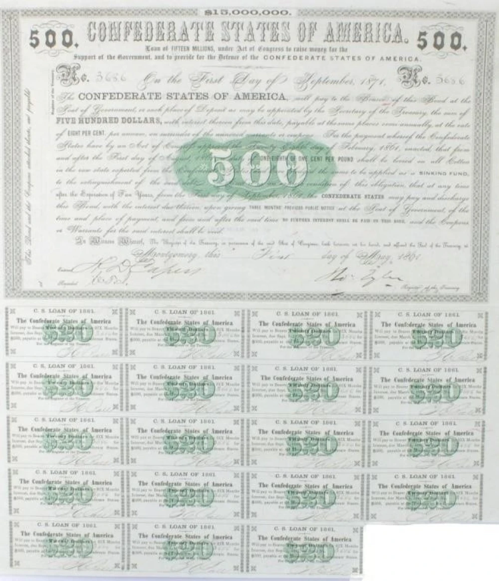 Rare 1861 $500 Confederate Bond