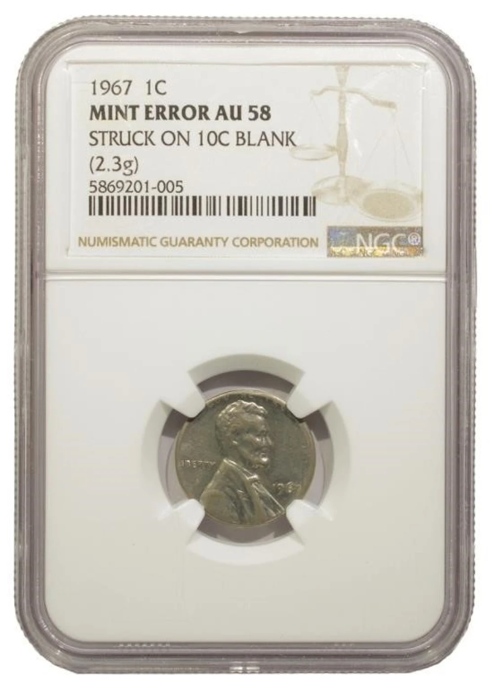 NGC AU-58 1967 Wrong Planchet Error Cent