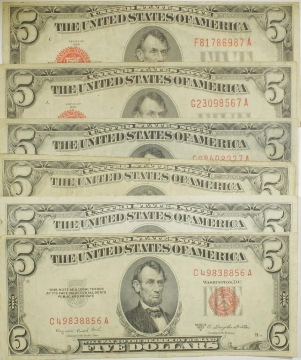 6 Piece Lot Of Red Seal $5 Notes