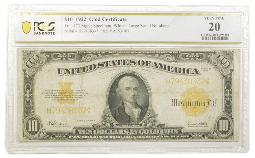 PCGS VF-20 1922 $10 Gold Certificate