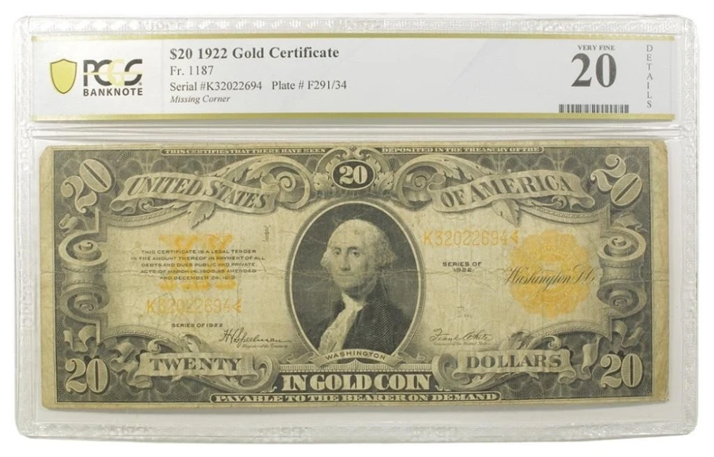 VF Details 1922 $20 Gold Certificate