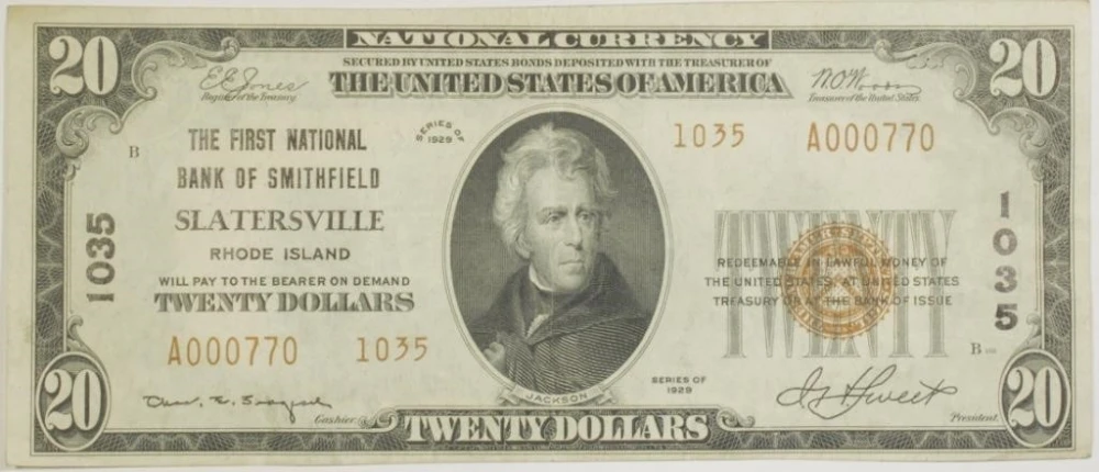 Rare 1929 $20 Rhode Island National Currency
