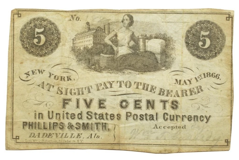 Unlisted 1866 Alabama 5 Cent Postal Currency Note
