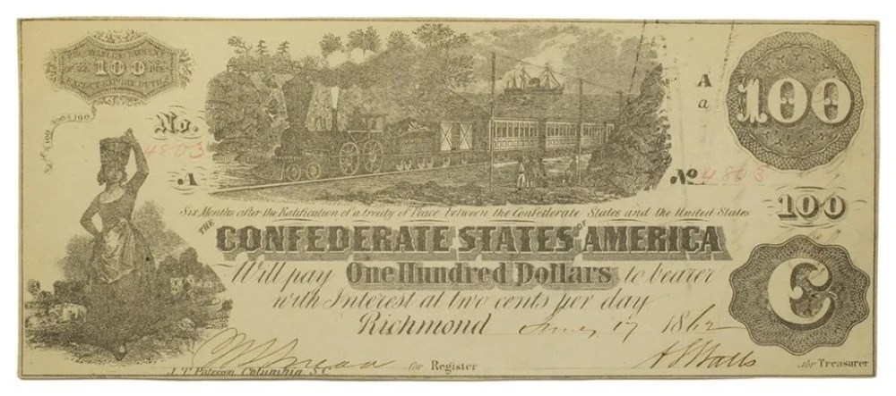 Choice AU 1862 Confederate $100 Train Note