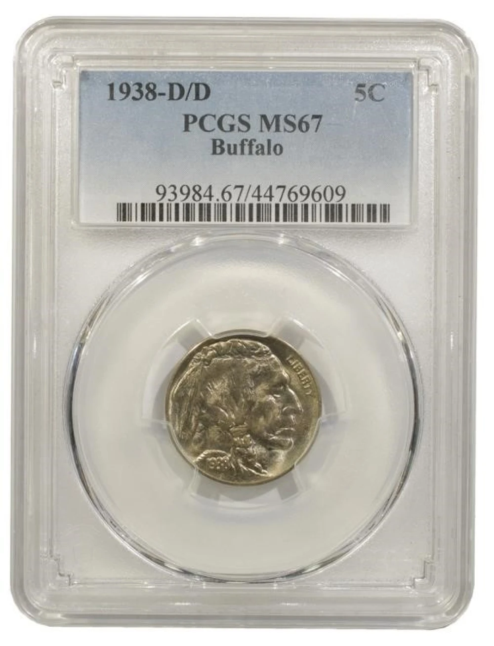 PCGS MS-67 1938-D/D Buffalo Nickel.