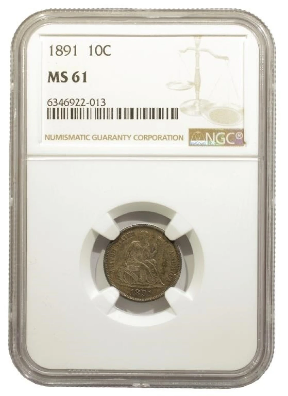 NGC MS-61 1891 Seated Dime