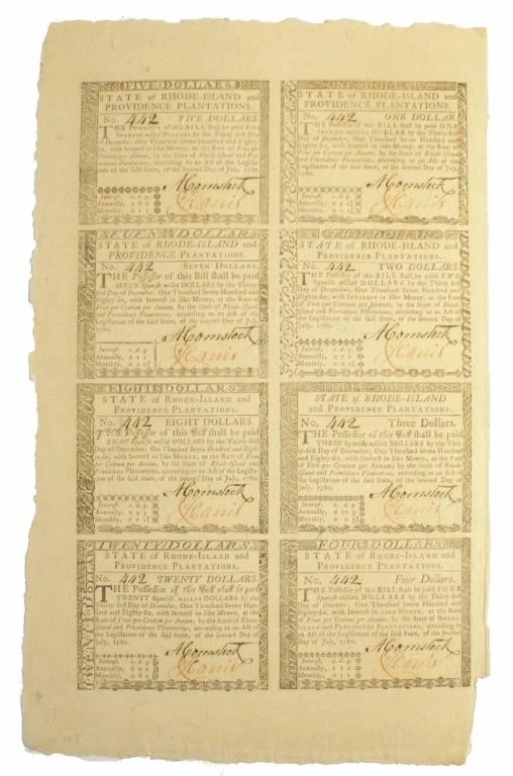 Rhode Island. Rare Unc Sheet 1780 Denominations