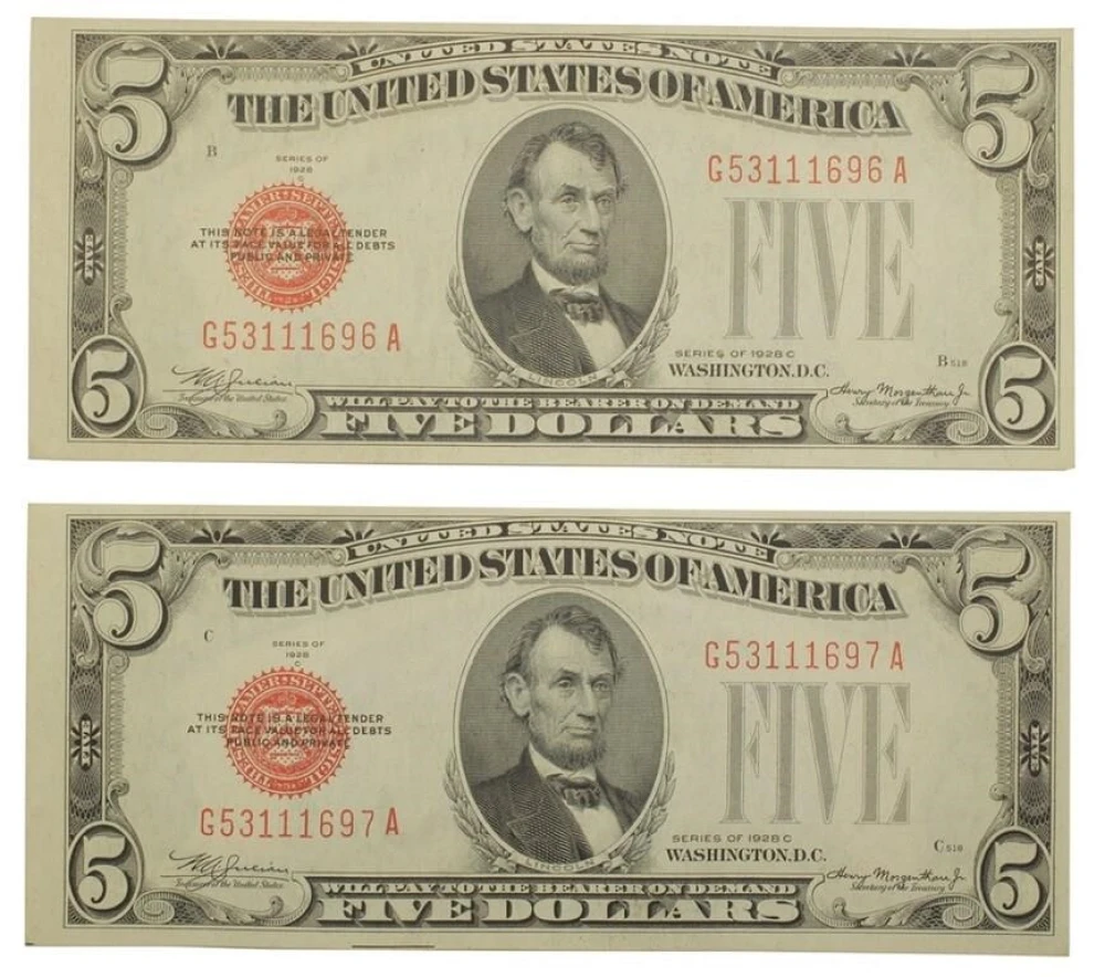 Crisp Unc 1928-C $5 U.S. Note Duo