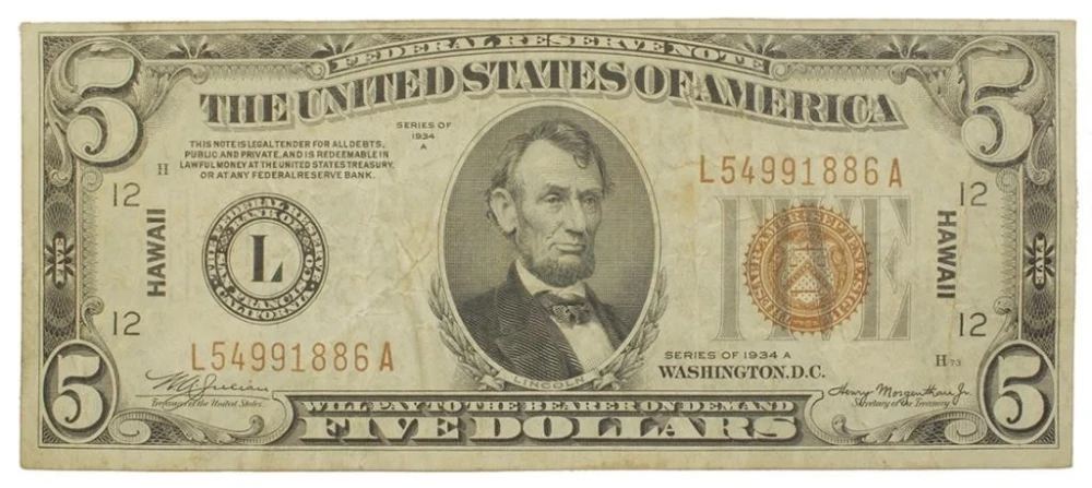 1934-A $5 Hawaii Overprint Note