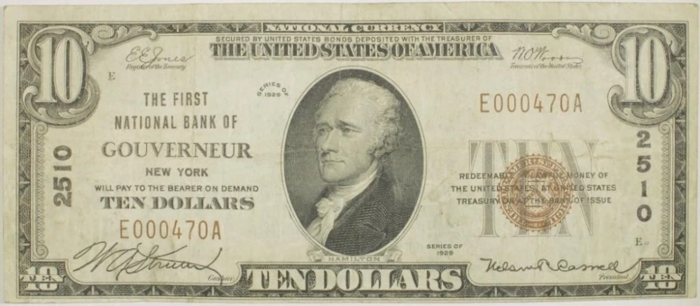 New York. Gouveneur. VF National Currency $10