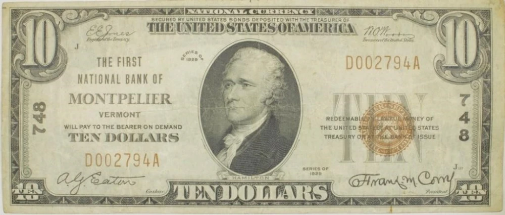 Vermont. Montpelier. 1929 National Currency $10