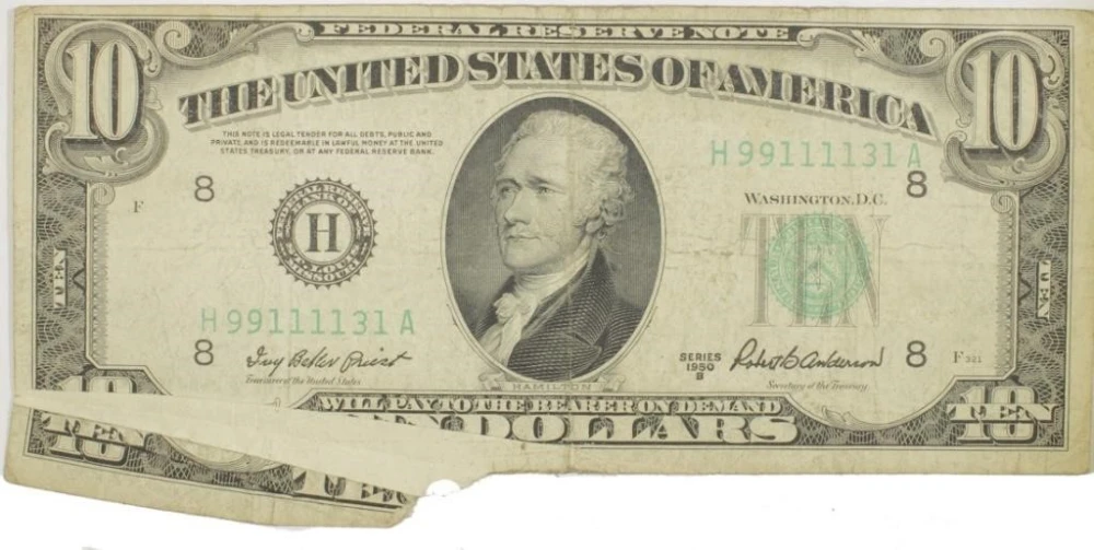VF 1950-B $10 Butterfly Printing Error