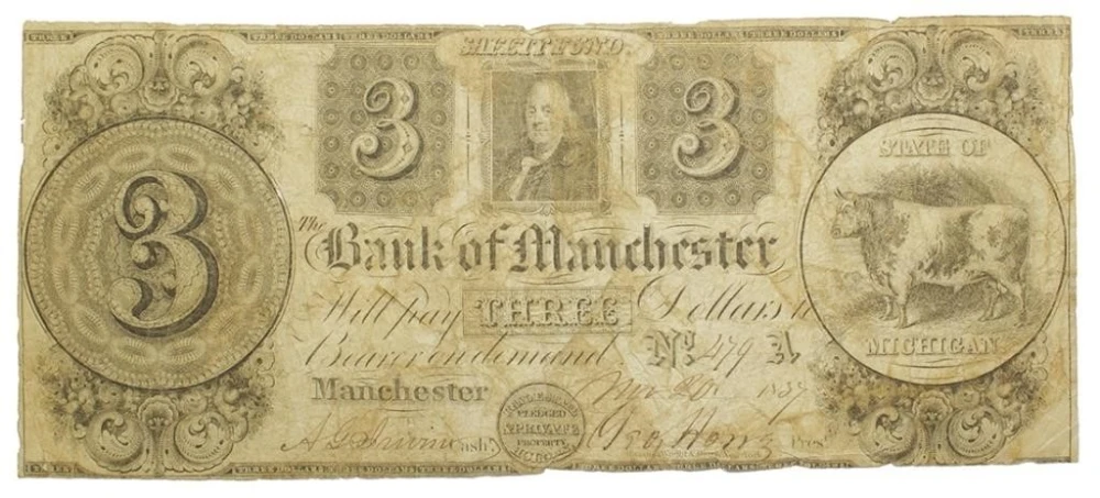Michigan. Manchester. Elusive 1837 $3 Note