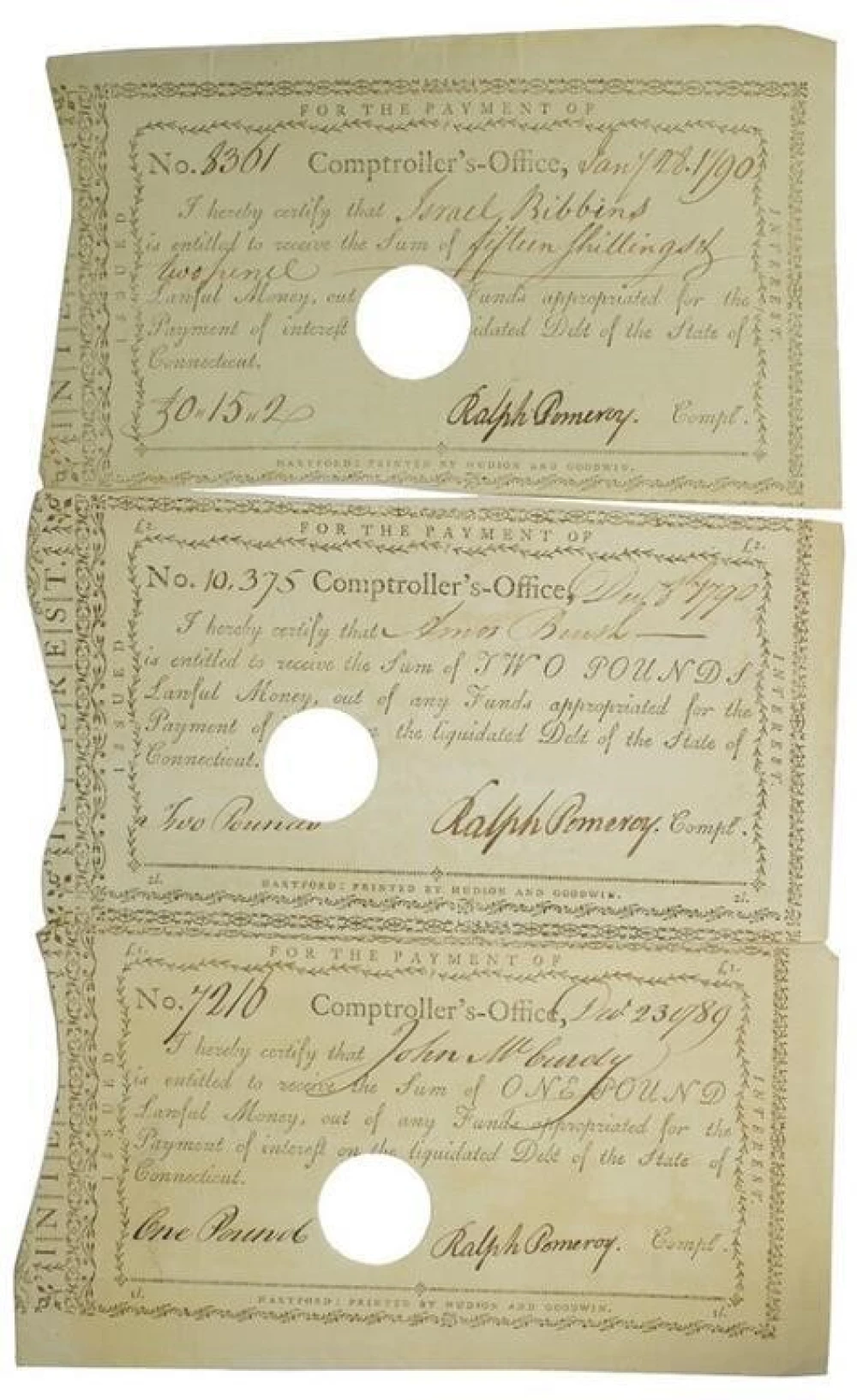 Connecticut. Trio of 1780s-Dated Payment Slips