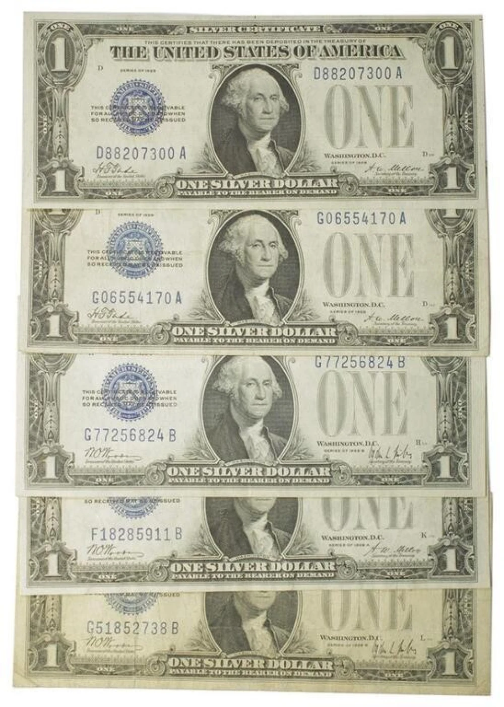 Five VF to EF "Funny Back" $1 Notes