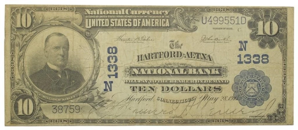 Connecticut. Hartford. Fine $10 National Currency