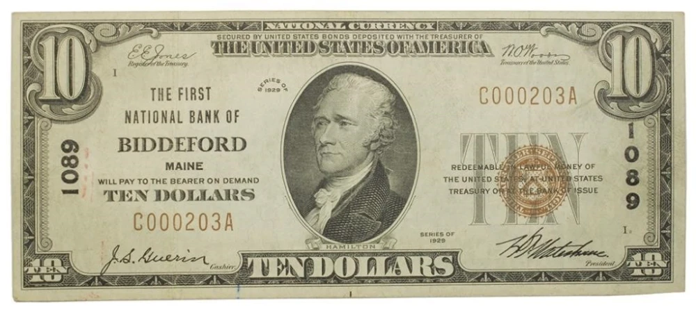 Maine. Biddeford. VF 1929 National Currency $10