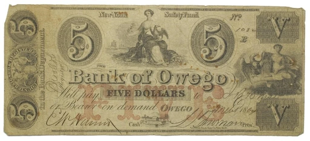 New York. Owego. 1864 $5 Note