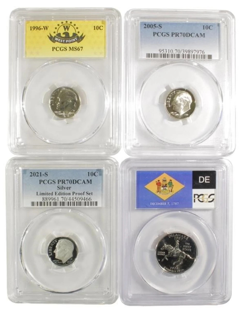Three Certified Dimes and One Quarter Dollar