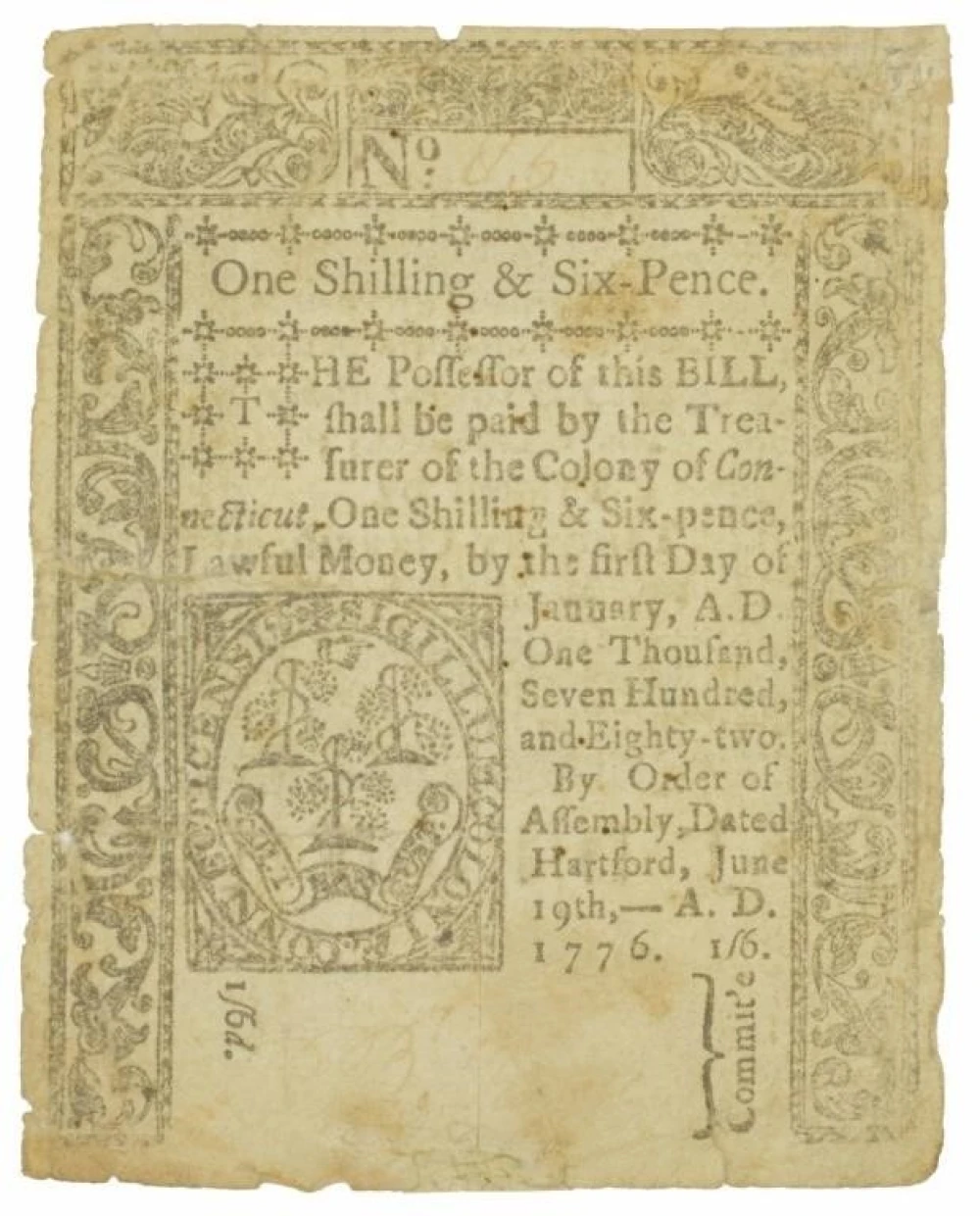 Connecticut. 1776 One Shilling Six Pence Note
