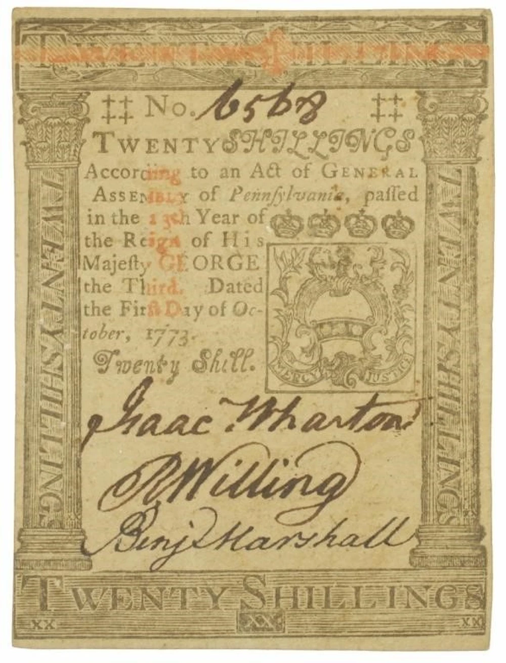 Pennsylvania. AU 1773 20 Shillings Note