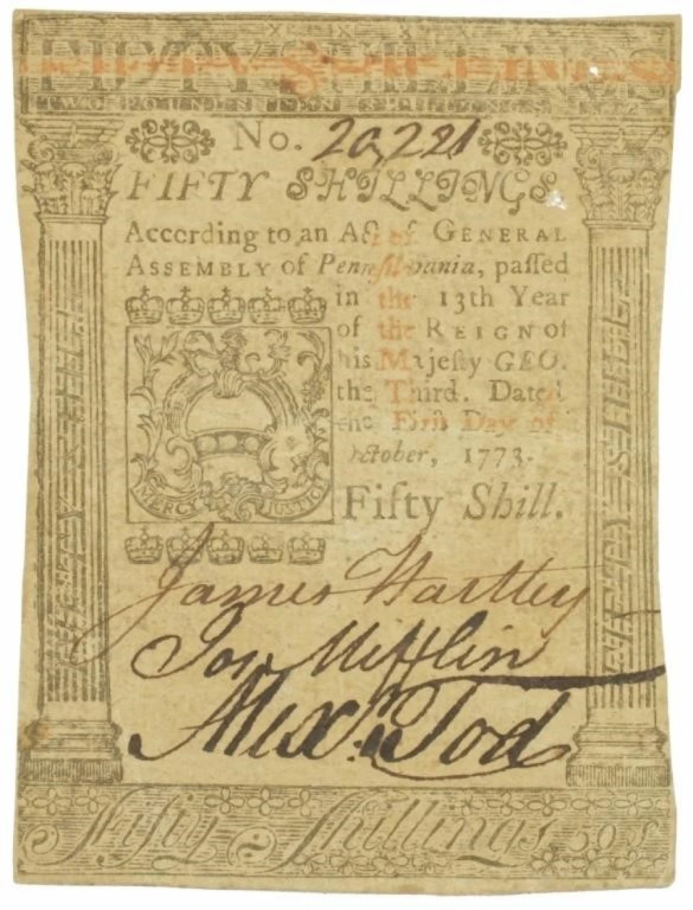 Pennsylvania. EF 1773 50 Shillings Note