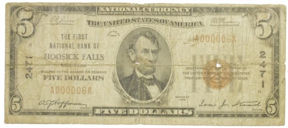 New York. Hoosick Falls. VG Low Number $5 Note