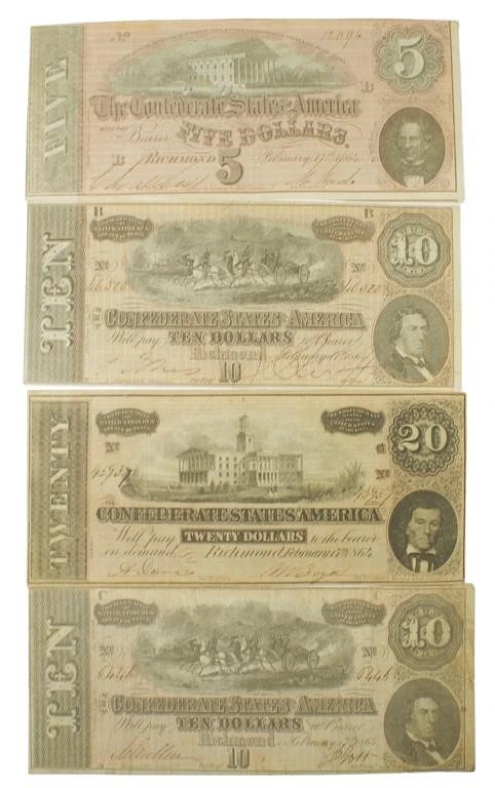 Confederate States. VF-EF Note Quartet