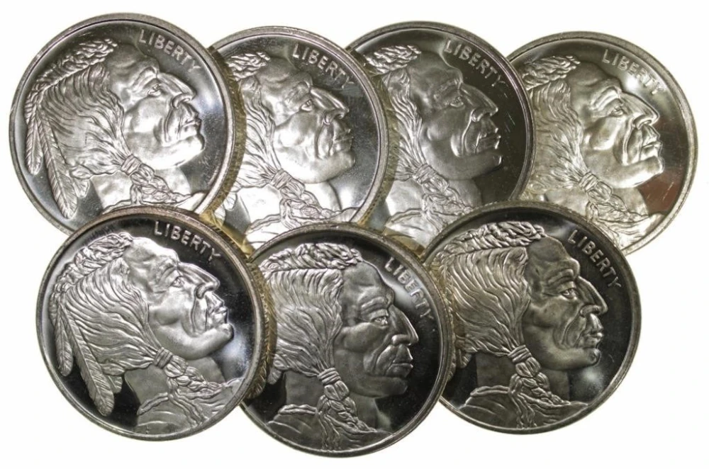 Seven One Ounce Buffalo Silver Rounds