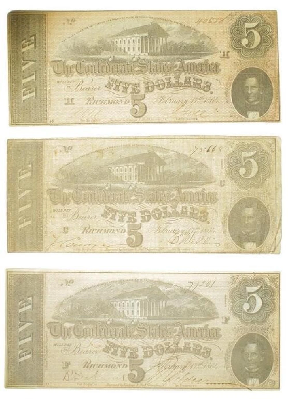 Confederate States. $5 Note Trio
