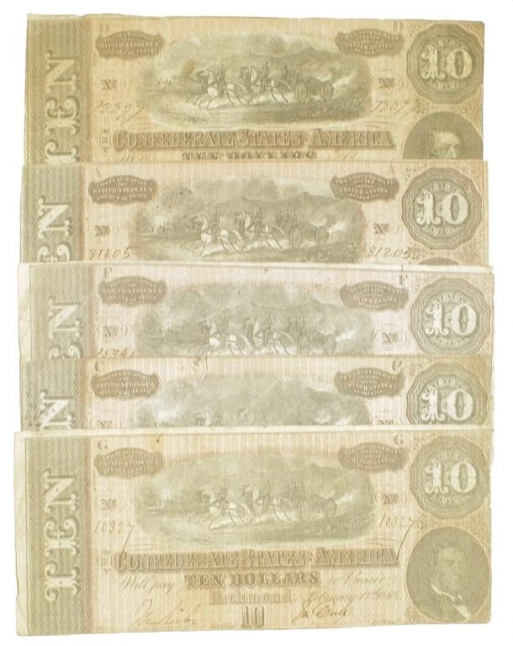 Confederate States. Five Fine to VF $5 Notes