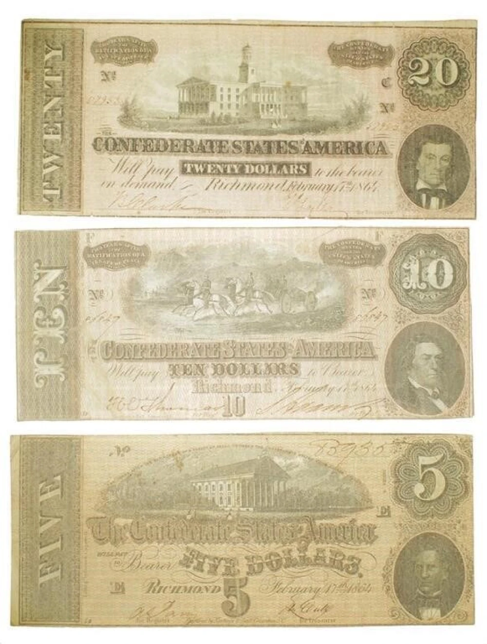 Confederate States. Denomination Note Trio