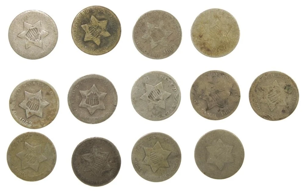 Baker's Dozen of Cull Silver Three-Cents